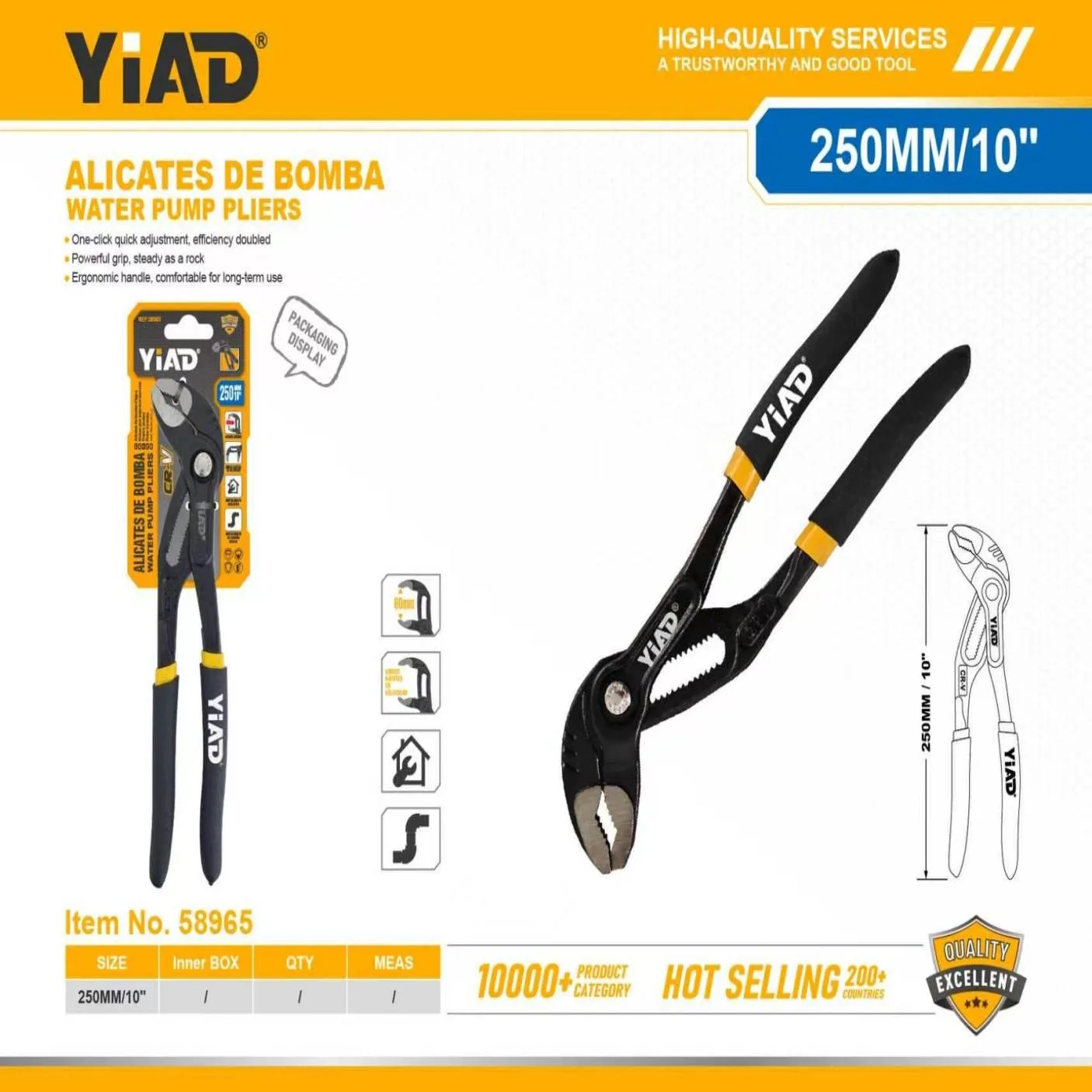 YIAD Quick-Adjust Water Pump Pliers 250 mm / 10 in — product image